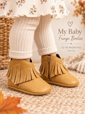 My Baby Tan Fringe Ankle Boots Western Moccasin Shoes 12-18 Months